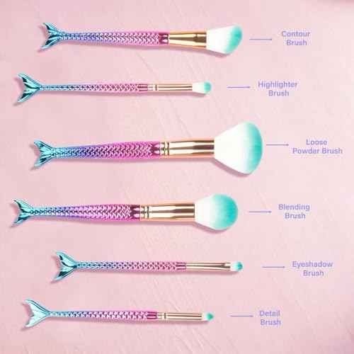 6 Piece Mermaid Makeup Brush Set Cute Girl Makeup Brush Set Beauty Makeup Tools Female Beauty Concealer Cream Brush, Suitable for Girls, Teenagers and Children Gifts (Colour1)