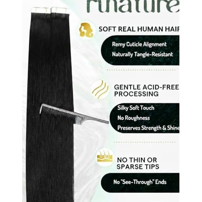 RUNATURE 26 Inch Tape in Hair Extensions Real Human Hair Black Tape in Extensions Human Hair Long Tape ins Black Hair Extensions Straight Remy Hair for Women Double Sided Hair Extension 50g 20pcs