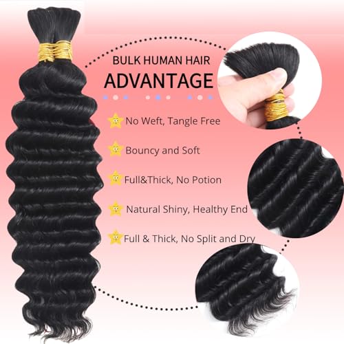 Human Braiding Hair For Boho Braids 100g Deep Wave Bulk Human Hair for Braiding 12A No Weft Curly Human Hair Extensions Wet and Wavy Boho Hair for Braiding 2 Bundles/Pack (1B-Deep Wave, 22 Inch)