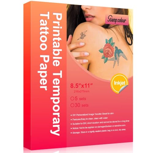Stampcolour Printable Temporary Tattoo Paper for INKJET printer 8.5"X11" 30 Sheets DIY Tattoos Stickers,Personalized Image Transfer for skin Custom Waterslide Decal for women men