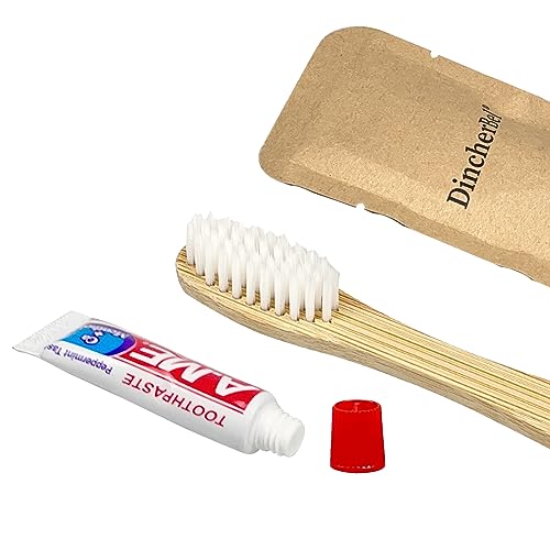 DincherBel Bamboo Toothbrushes Kit Bulk, Disposable Toothbrushes with Toothpaste(6g), Individually Wrapped Toiletries Amenities for Hotel, Airbnb, Homeless, Shelter, Camping and Travel (50 Pack)