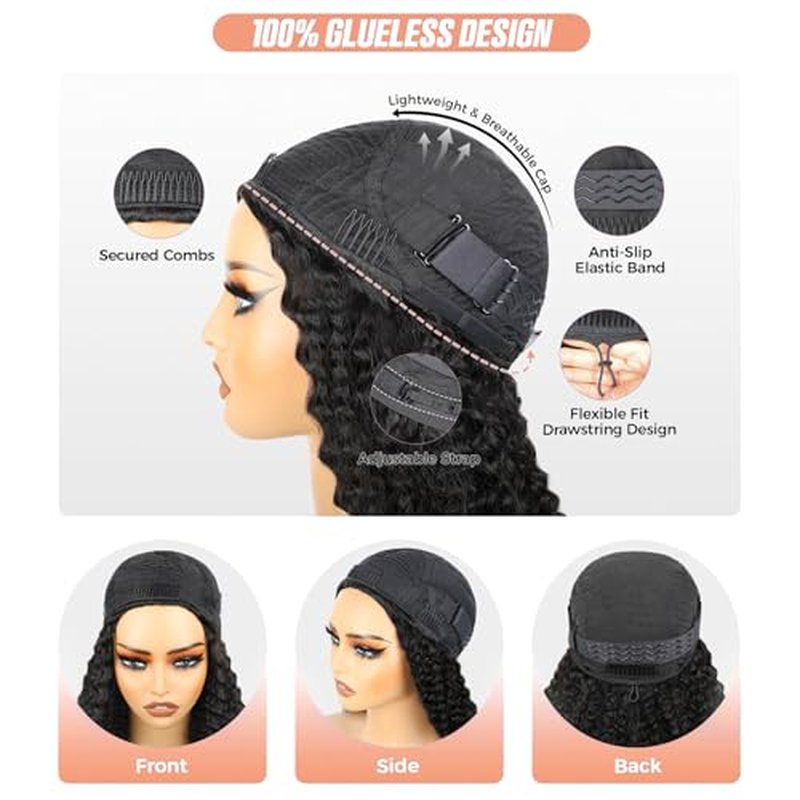 Domiso Afro Kinky Curly 3 In 1 Half Wig with Elastic Band Seamless Kinky Curly Flip Over Beginner Friendly Glueless Wear & Go Drawstring Band Clip in Wig Human Hair Black Color 18 Inch