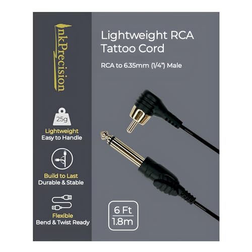 Lightweight RCA Tattoo Clip Cord - 90 Degree RCA to 6.35mm (1/4") Connector Cable for Professional Rotary Machine Gun, Cables for PMU Tattoo Pen Power Supply (6FT, 1Pack)