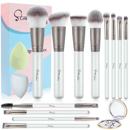 START MAKERS 15PCS Professional Makeup Brushes Set, Premium Synthetic Foundation Powder Concealer Eyeshadow Blush Kabuki Brushes Kit, MakeUp Brushes with 2 Makeup Sponges, Dual-Sided Mirror