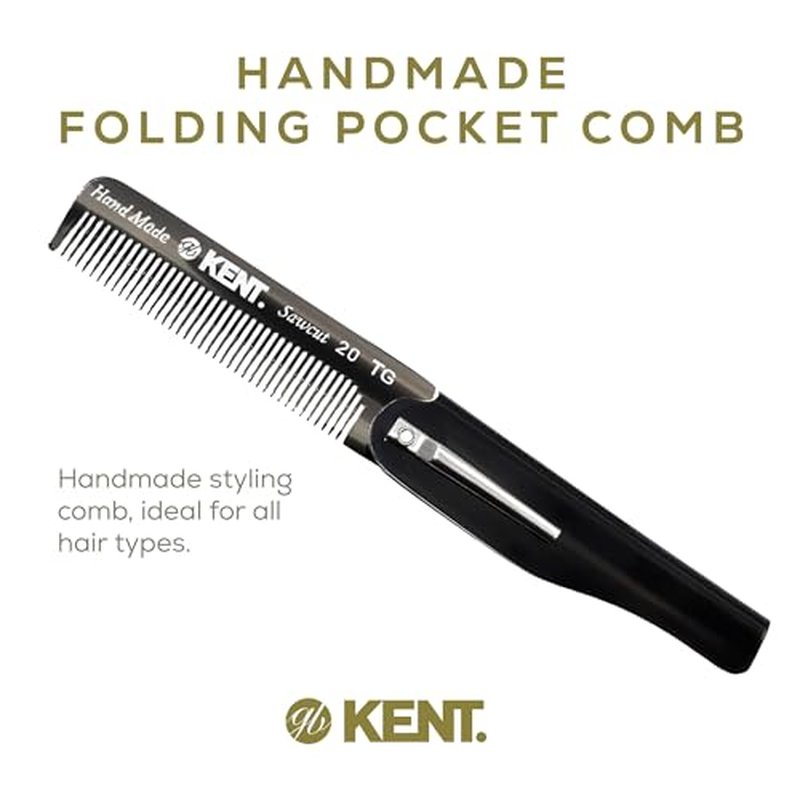 Kent 20T Black Graphite Handmade Folding Pocket Comb for Men, Fine Tooth Hair Comb Straightener for Everyday Grooming Styling Hair, Beard or Mustache, Use Dry or with Balms, Saw Cut, Made in England