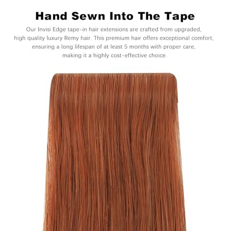 ABH AMAZINGBEAUTY HAIR Invisi Edge Tape in Hair Extensions Real Human Hair, Seamless Injected Hand-Tied Virgin Human Hair Pro Quality Tape ins 20PCS 50G/Pack, Auburn Color #30 20 Inch