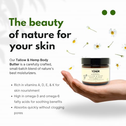 Tallow & Hemp Body Butter ? Whipped Grass?Fed Tallow + Hemp Seed Butter ? Calming Chamomile/Sandalwood/Lavender ? Deep Hydration for Dry & Sensitive Skin (4 oz)