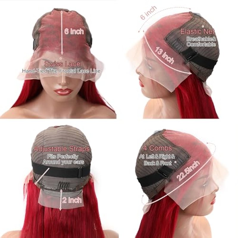LICHANG 99J Straight Lace Front Wigs Human Hair Red Colored Wig Pre Plucked with Baby Hair for Black Women, 13x6 Burgundy Lace Frontal Wig Brazilian Virgin Human Hair Glueless 24 Inch