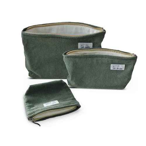 HAPPYHEIDI Corduroy Makeup Bag Set 3 Cosmetic Toiletry Travel Pouch Organizer for Purse Tote, Women Girls Gift, Large Medium Small, Solid Sage Green