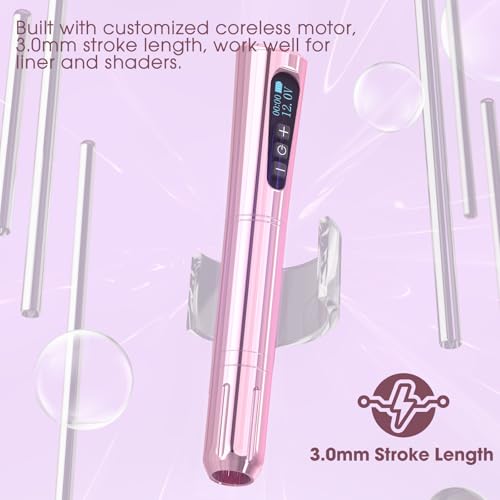 Tattoo Machine Kit - Wireless Tattoo Pen 3.0mm Stroke Length 800mAh Coreless Motor Rotary Gun Pen Set with Lining Needles Round Liner 18Pcs for Tattoo Beginner Artist Pink(NORA)