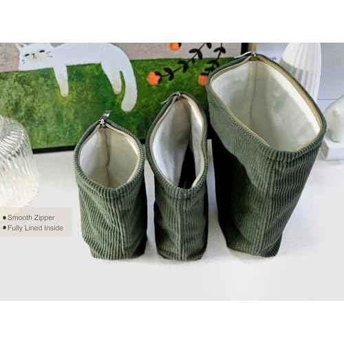 HAPPYHEIDI Corduroy Makeup Bag Set 3 Cosmetic Toiletry Travel Pouch Organizer for Purse Tote, Women Girls Gift, Large Medium Small, Solid Sage Green