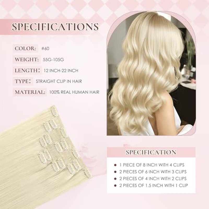 Invisible Clip in Real Human Hair Extensions,18 Inch Platinum Blonde Remy Thick Straight Clip Hair, 7 Pieces With 16 Clips 85 Gram No Slip No Shedding Comfortable All Day Wear