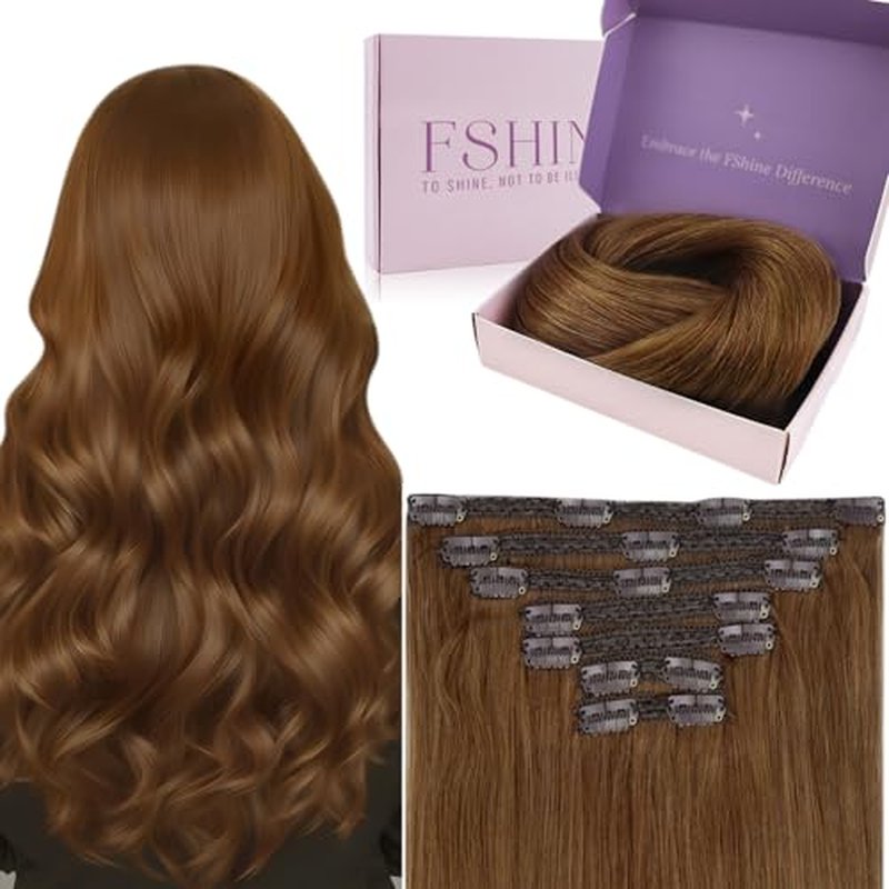 Fshine 18 Inch Clip In Hair Extensions Reddish Brown 105 g 7 pcs Real Human Hair Extensions, For Women Seamless And Comfortable Ideal For Work Parties Or Romantic Date Hairstyles