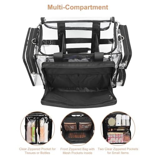Relavel Clear Makeup Bag Extra Large Makeup Artist Kit Set, Cosmetic Storage Organizer Hair Stylist Traveling Bag, Transparent Tote Duffle Beach Toiletry Bag with Adjustable Dividers & Shoulder Strap