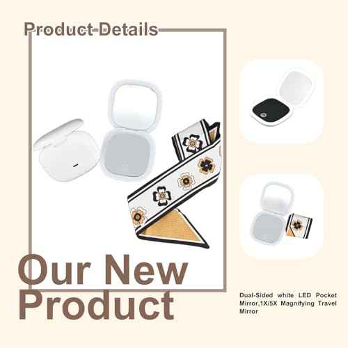 Makeup Mirror with Lights - Dual-Sided White LED Pocket Mirror, 1X/5X Magnifying Travel Mirror, 3 Light Modes, Rechargeable Handheld Mirror for On-The-Go Makeup, Grooming, and Gifts