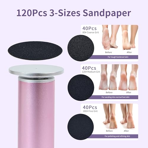 Electric Foot Callus Remover with 120pcs Sandpaper Discs(3 Sizes), Professional 800RPM Aluminum 4.8 Inches Callus Remover for Feet, Stepless Speed Control for Dead Skin (Purple)