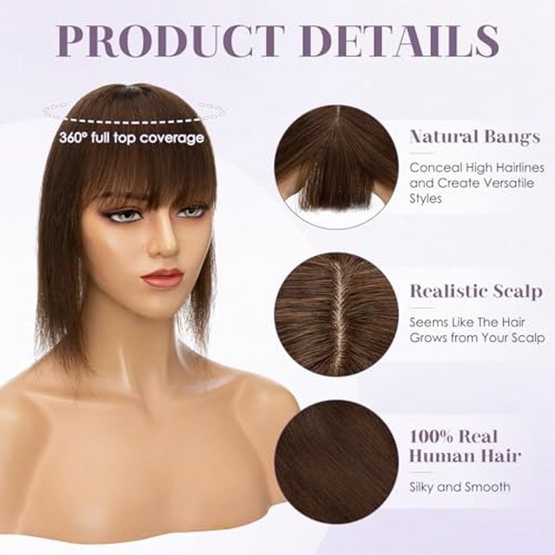 Hair Toppers for Women Real Human Hair 14 Inch Long Straight Toppers for Women with Thinning 7 * 13CM Silk Base Clip in Hairpieces with Bangs (Medium Brown)