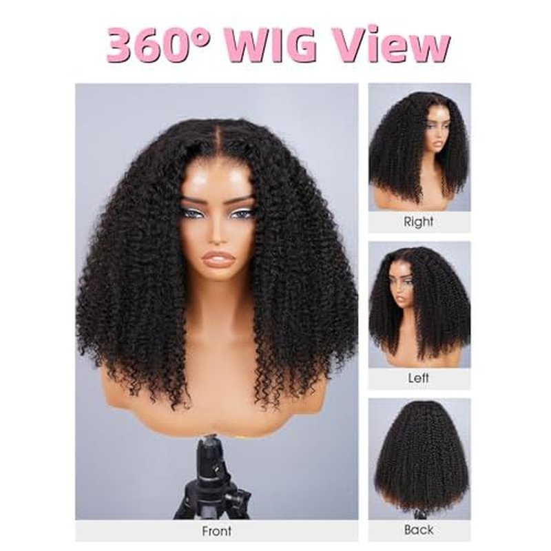 Kinky Curly Wear and Go Glueless Wigs Human Hair Pre Plucked Pre Cut 7x5 Lace Front Wig Pre Bleached Knots 180% Density Closure Wigs Human Hair for Women Natural Color 16 Inch