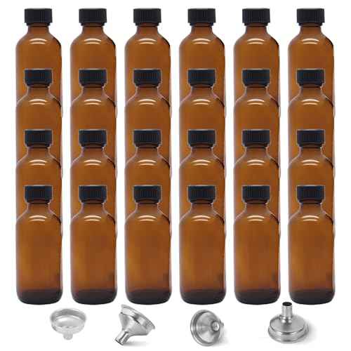 24 Pack 2oz Amber Glass Bottles for Vanilla Extract, Boston Round Leak-Proof Brown Glass Jars with Caps, Bonus Funnel - Ideal for Homemade Extracts, Essential Oils, DIY Christmas Party Gift Supplies
