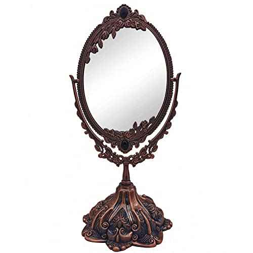 Hsiwto Vintage Double Side Makeup Mirror, Alloy Metal Table Makeup Desktop Mirror with 360 Degree Rotation Cosmetic Makeup Tool for Women Girls, Small Red Copper
