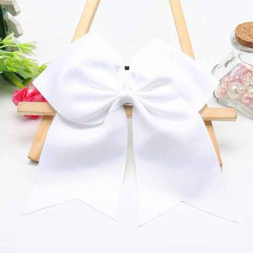 40Pcs 8" Large Cheer Hair Bows Grosgrain Ribbon Elastic Bands Handmade Ponytail Holder for Cheerleading Girls School College Sports (white)