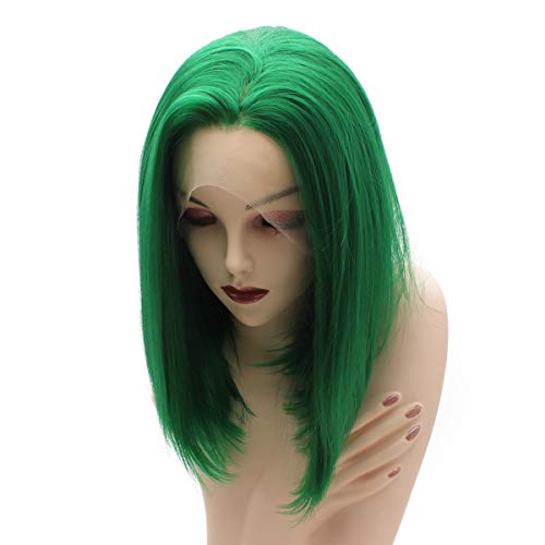 iwonawig Iewig Short Bob Straight Green Wig Half Hand Tied Synthetic Lace Front Heat Friendly Fiber