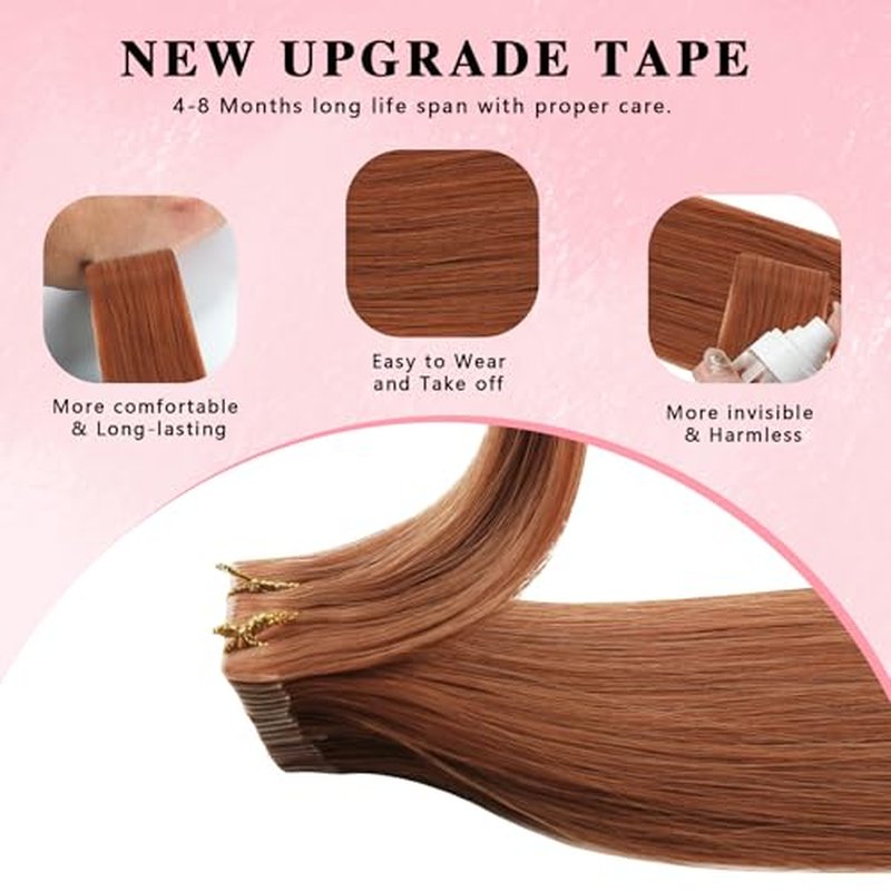 ABH AMAZINGBEAUTY HAIR Invisi Edge Tape in Hair Extensions Real Human Hair, Seamless Injected Hand-Tied Virgin Human Hair Pro Quality Tape ins 20PCS 50G/Pack, Auburn Color #30 20 Inch