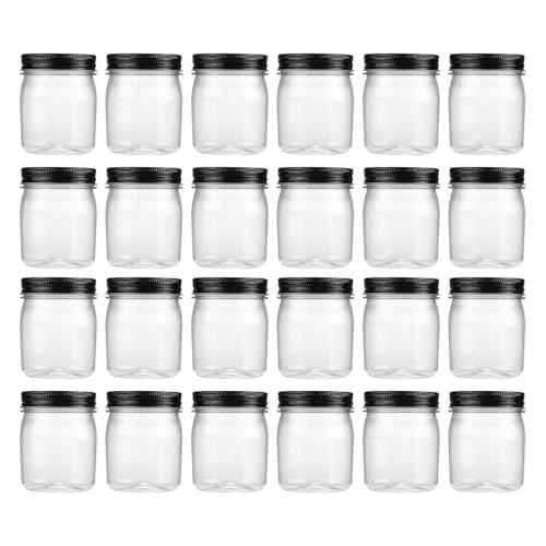 novelinks 8 oz Clear Plastic Jars with Screw-On Lids - BPA-Free Refillable Storage Containers for Slime, Spices, Crafts, Kitchen & Home Organization (24 Pack,Black)