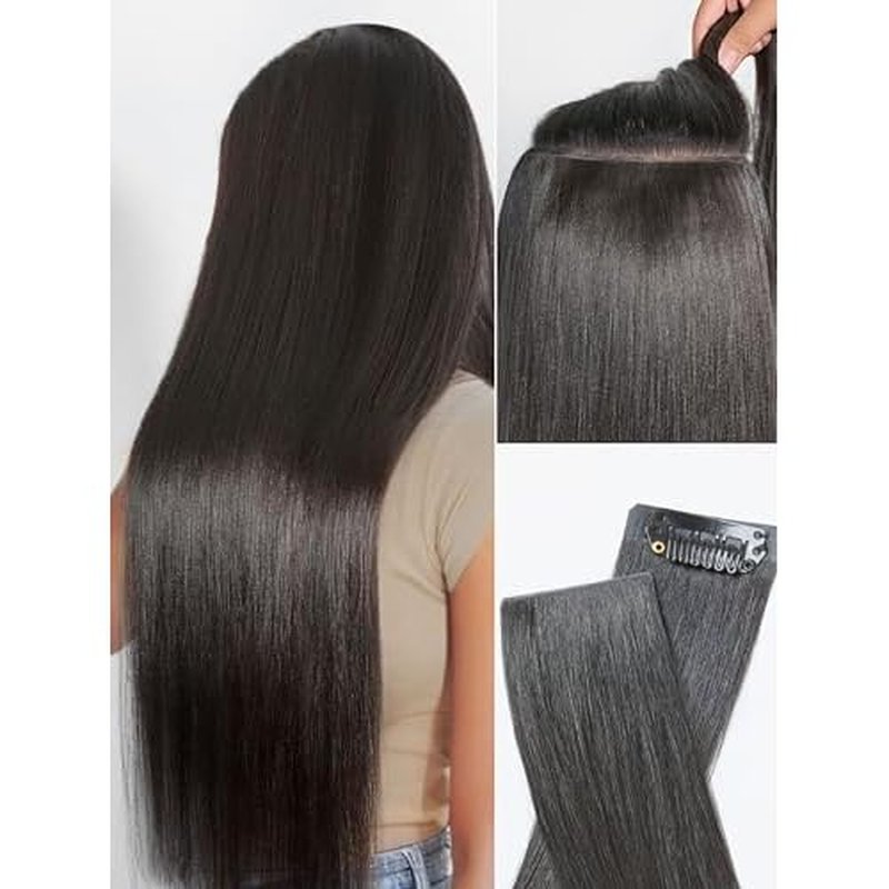 LUVME Invisible Clip in Hair Extensions, Yaki Straight Real Human Hair Remy Hair Clip ins for Women, Natural Human Hair, 18 inch 110g 6Pcs, Natural Black