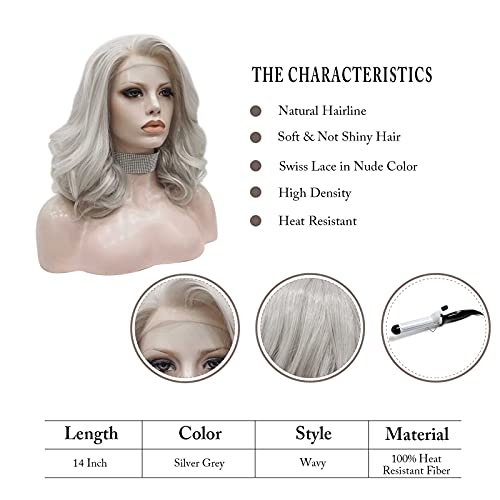 IMSTYLE Silver Grey Lace Front Wigs Short Bob Wavy Gray Wig for Women Drag Queen Cosplay Party (Silver Grey)