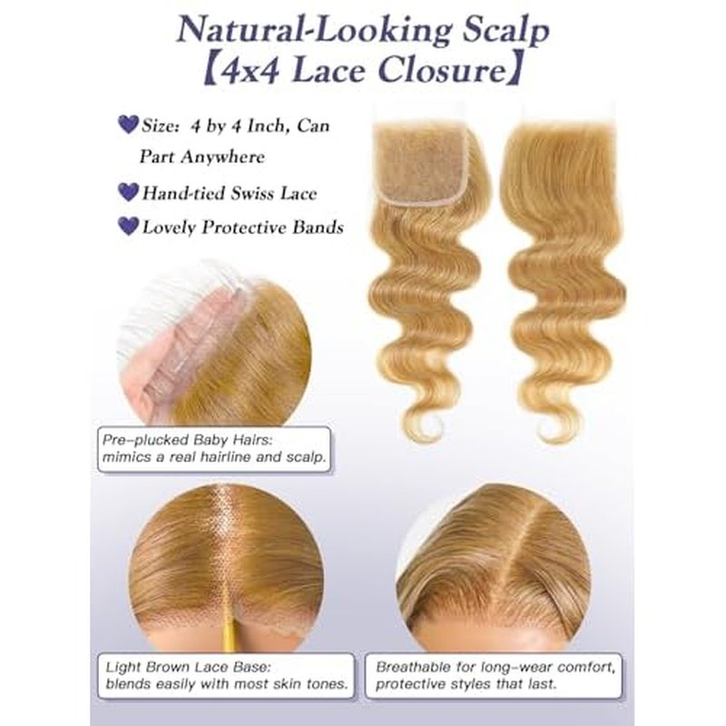 Honey Blonde Bundles with Closure Human Hair Body Wave 10 12 14+10 Inch, Color 27 Golden Ash Blonde 3 Bundles with 4x4 HD Closure 12A 100% Raw Brazilian Virgin Hair Sew In Weave with 4x4 Closure #27