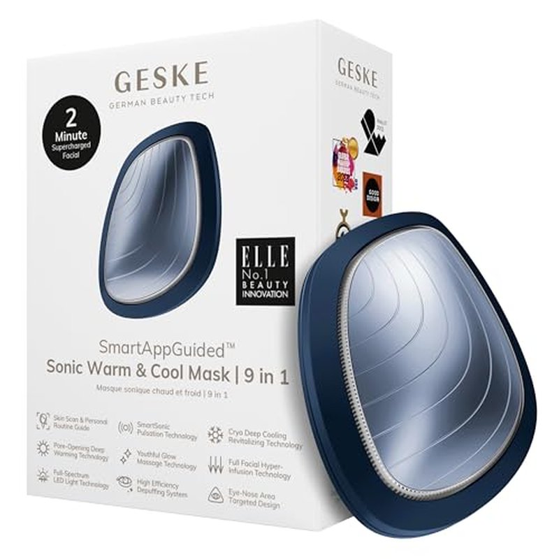 GESKE SmartAppGuided¢â Sonic Warm & Cool Mask | 9 in 1 | Beauty LED Face Mask | Facial Glow | Full Spectrum LED Light | Best Face Massager | Vibrating Mask | Warm and Cold Skincare