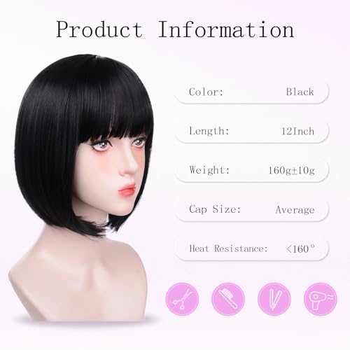 Black Bob Wigs for White Women - 12'' Short Bob Wigs With Bangs Natural Fashion Synthetic Wig Colorful Synthetic Hair for Daily Cosplay Halloween