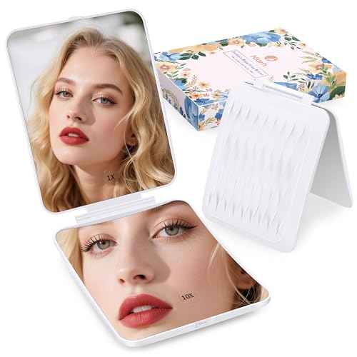 Travel Makeup Mirror with 1X/10X Magnifying, Portable Folding Make Up Tabletop Mirror for Office, Compact Vanity Mirror for Travel (Pearl White, No LED Lights)