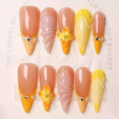 100% 5D Handmade Press on Nails with Charms Long Stiletto Nails Press ons- Water Ripple False Nails Ombre Orange Yellow Press on Nails Summer Fake Nails for Women Girls Daily Wear DIY Manicure Size M