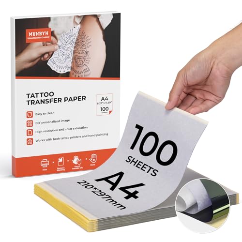 MUNBYN Tattoo Transfer Paper 100 Sheets, A4 Size Tattoo Stencil Paper, 4-Layer Stencil Papers for Tattooing, Tattoos Kit Supplies, Compatible with ITP05/ITP06/M08F/P90/MHT-P8009 Printer