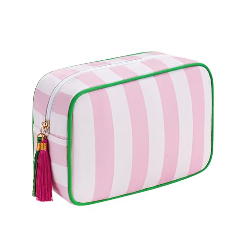 Large Stripe Canvas Zipper Makeup Bag,Aesthetic Tassel Travel Cosmetic Bag,Coquette Toiletry Bag, Girls Handbags Purses,Accessories Storage Bag for Women Girls (Pink)