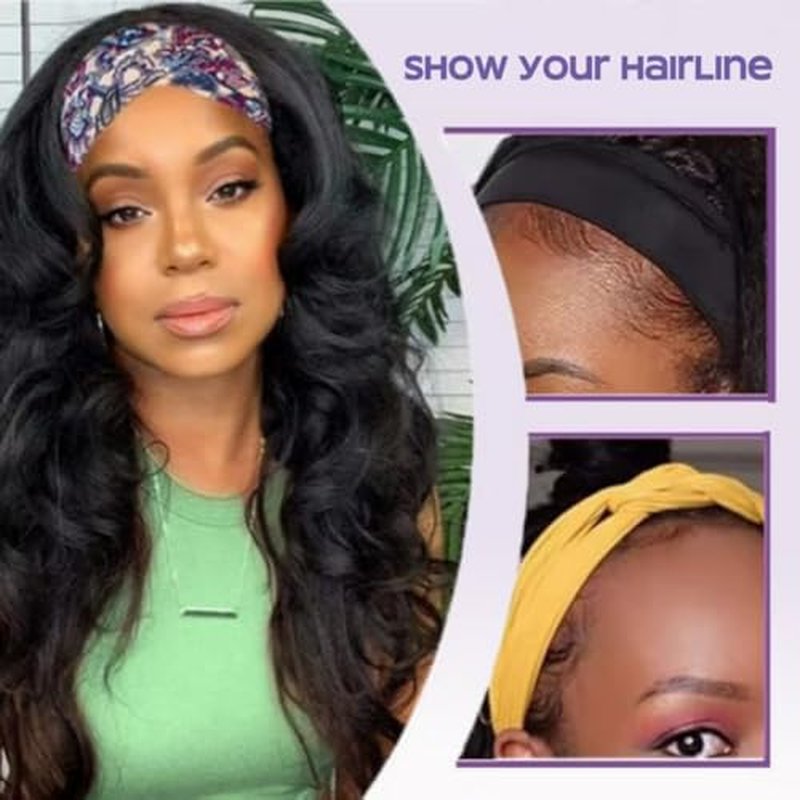 Headband Wig Human Hair Body Wave Wigs None Lace Front Wigs 100% Human Hair Brazilian Virgin 150% Density Natural Color (12inch)