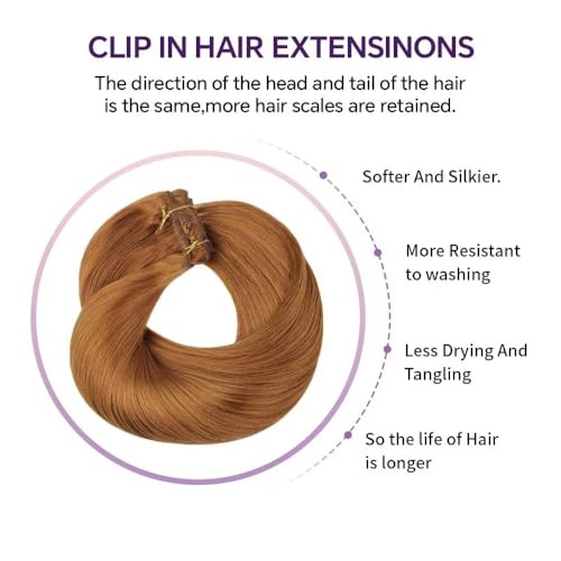 Remy Hair Extensions clip ins Hair Etensions for Women #30 Light GInger Brown Double Weft Natural Hair Extensions Straight 8Pcs Soft and Thick 24inch 110g