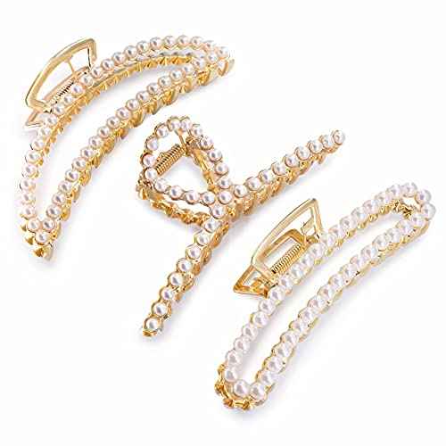 Large Pearl Hair Clips - 4.5 inch Zinc Alloy Banana Claw Clips for Thick Hair, Strong Hold Accessories for Women and Girls (3PCS)