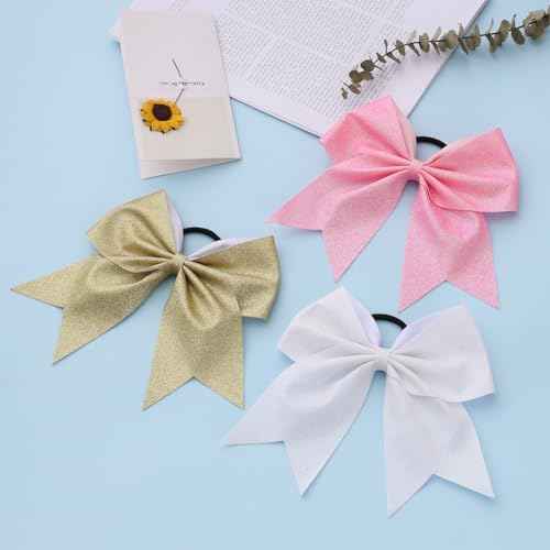 16 PCS Large Glitter White Cheer Hair Bows, Shiny Cheerleading Bows Ponytail Holder for Cheerleader Girls Softball Sports and Christmas Tree Decor (Glitter White)