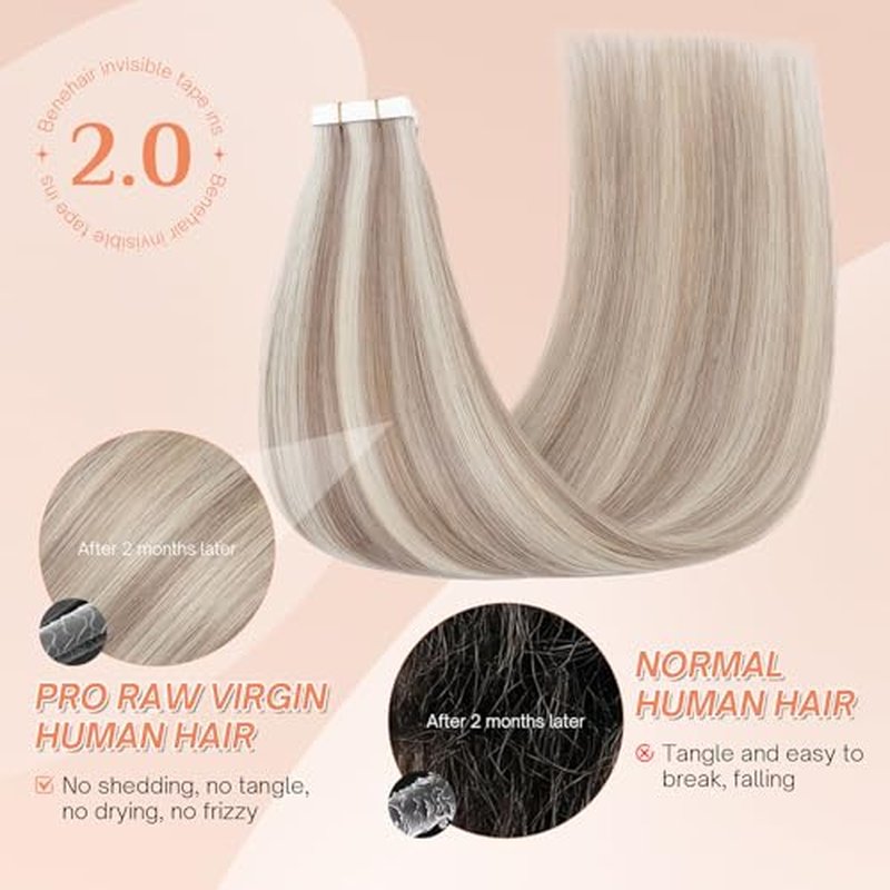 Benehair Tape in Human Hair Extensions, 22 inch Straight Invisible Tape Extensions Remy Blonde Hair Extensions 10pcs 20g Ash Brown Mix Bleach Blonde 18p613