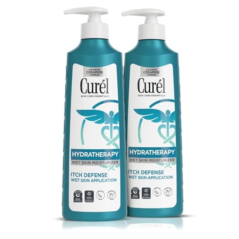 Curel Itch Defense In Shower Lotion for Sensitive and Dry Skin, Hydra Therapy Body Lotion with Vitamin E, Fast-Absorbing Ceramide Moisturizer, Repairs Moisture Barrier, Unscented, 12 Oz (Pack of 2)