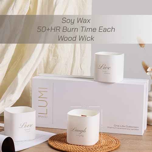Set of 3 Scented Soy Candles Gift Set | One Life Collection | Orange Blossom, White Tea and White Bloom | Crackling Wood Wick | 50+ HR Burn, 9.8oz Each | Luxury Soy Candle Gift for Women & Home
