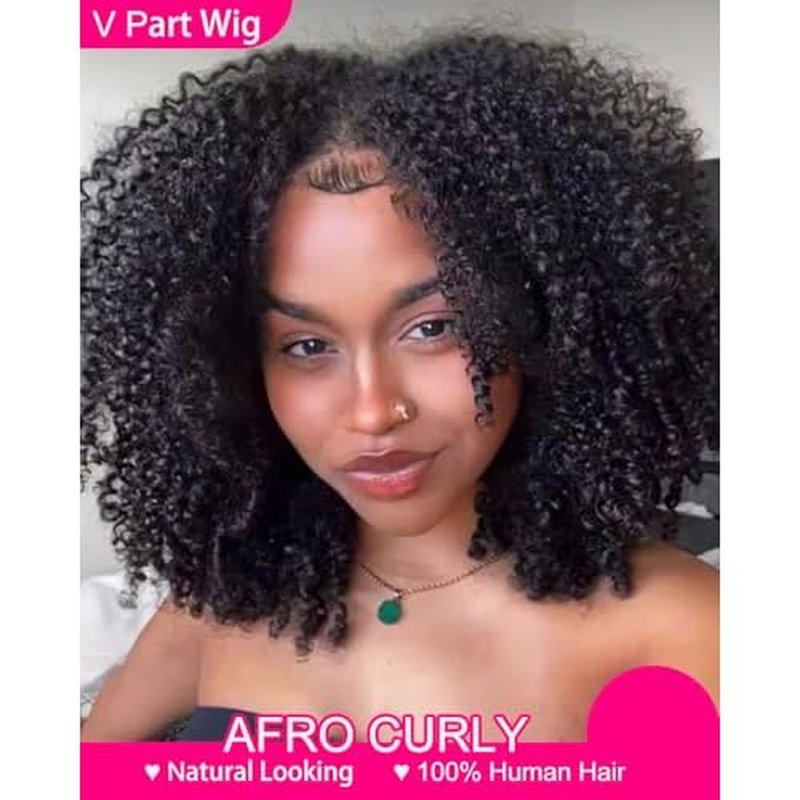 V SHOW V Part Wig Human Hair No Leave Out 180% Density Upgrade U part Afro Curly Wigs with Clips Glueless Wig Human Hair for Women Beginner Friendly No Lace No Glue 16Inch