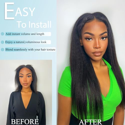 16 Inch Yaki Straight Clip in Hair Extensions Real Human Hair for Black Women 90g/8pcs Double Weft 10A Brazilian Kinky Straight Clip ins 100% Virgin Human Hair Clip in Extensions Natural Black