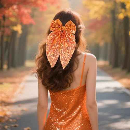 Sparkly Sequin Hair Bows for Women, Halloween Orange Hair Bows with Long Tail Large Hair Barrettes Hair Clips Bling Hair Accessories for Halloween Fall Christmas Holiday Birthday Party