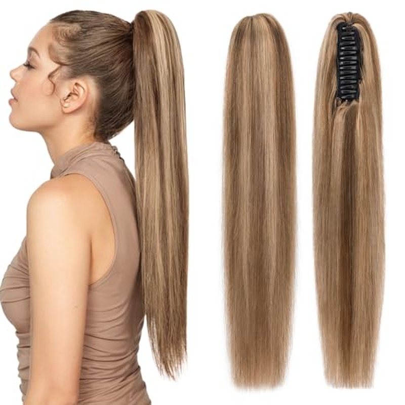 Human Hair Claw Clip Ponytail, Claw Clip Human Hair Ponytail,Effortless Application with Secure Hold,Style in Seconds,Quick Styling Solutions for Busy Lives 18"/113g Medium Brown Mix Dark Blonde
