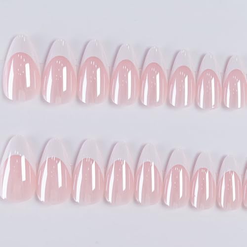 French Tip Press on Nails Almond Fake Nails Press ons with Designs Chrome False Nails Medium Glossy Full Cover Glue on Nails French Acrylic Stick on Nails for Women Nail Manicure Decoration 24Pcs