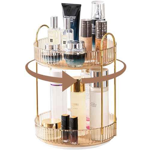Makeup Organizer for Vanity, 360¡Æ Rotating Bathroom Organizer Countertop, High-Capacity Skincare Organizer, Spinning Cosmetics Organizer for Dresser Countertop (2 Tiers, Amber)